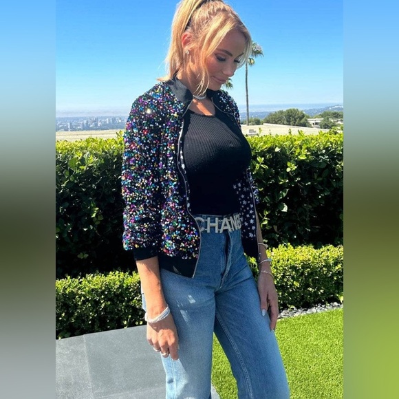 Lola & the Boys Women’s Shimmering Stardust Sequin Bomber - Picture 3 of 4